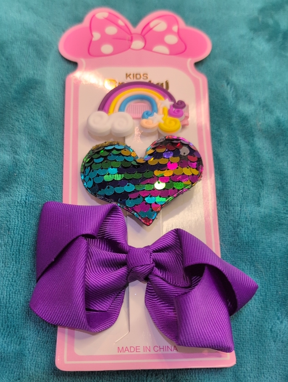 Girls Sequin Heart & Rainbow Hair Clip Set - Purple Bow